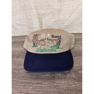 Vintage 2003 Garst Seed Whitetail‎ Deer Snapback Hat Tan Navy Blue Legend USA